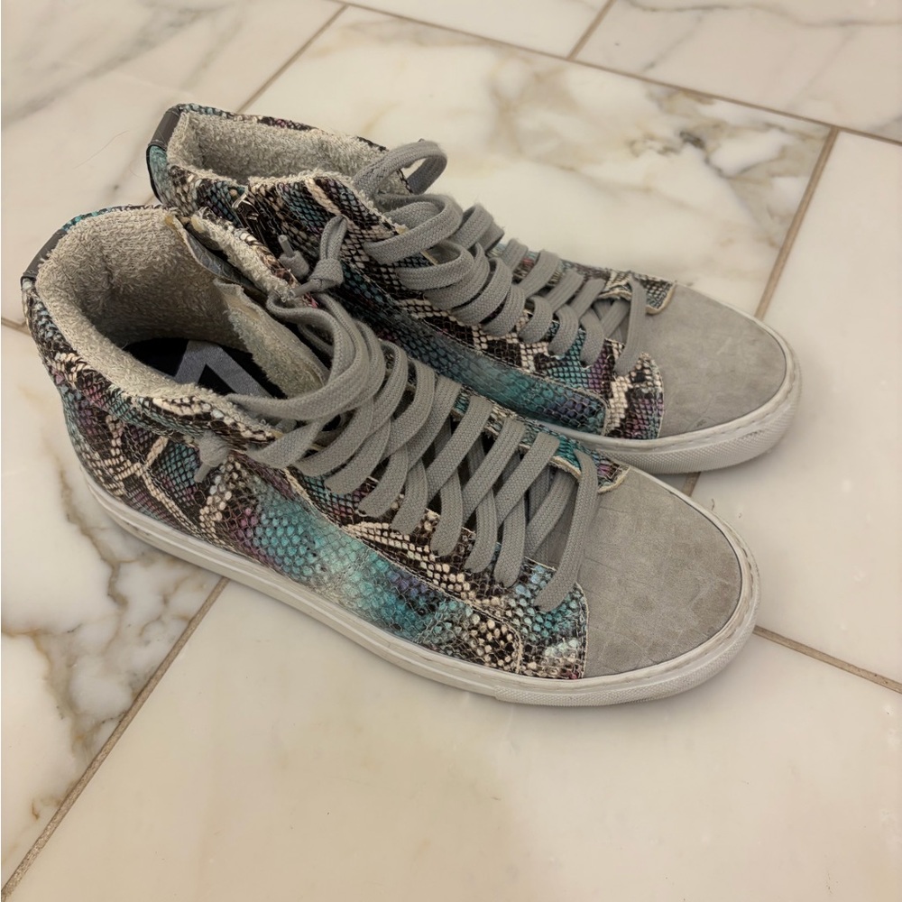 P448 Women's High-Top Sneakers in Gray with Teal and Purple Accents